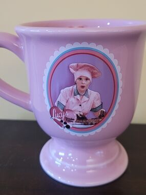 Lucys Pink 14oz Pedestal Ceramic 'Chocolate Factory' Mug.